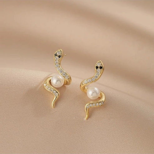 Exquisite Full Rhinestone Zircon Simulated Snakes Bead Stud Earrings For Women